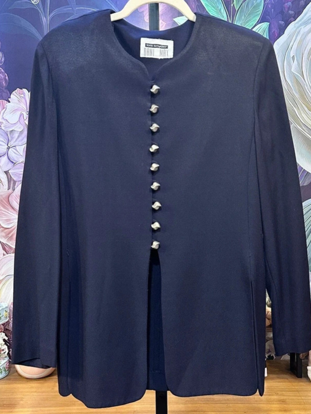 Vintage Dani Max Jacket Napoleon Buttons Collarless Longline Retro Chic Navy